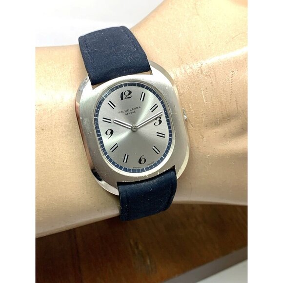 Favre Leuba Unisex Watch Vintage Swiss Mechanical Silver Dial Blue Leather Band - Picture 10 of 13